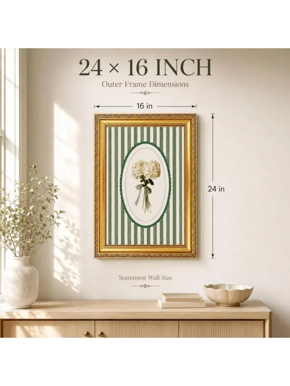 Vintage Botanical Wall Art Print, Green Floral Canvas with Gold Frame, Home